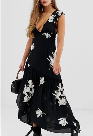 Free People She's A Waterfall Maxi Floral Dress Black Combo Size 4 thumbnail 1