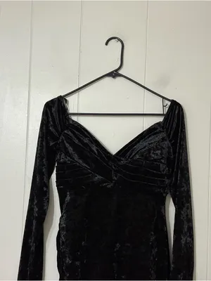 Sherri Hill Black Crushed Velvet Off Shoulder Mini Dress 6 Long Sleeve Cocktail thumbnail 4