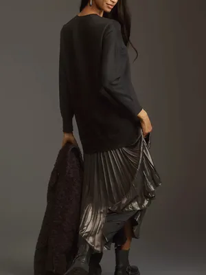 Anthropologie Women’s Twofer Black Knit Oversized Sweater Pleated Midi Dress S thumbnail 5
