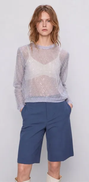ZARA Sequin Sheer Knit Top – Lavender Sparkle Long Sleeve thumbnail 1