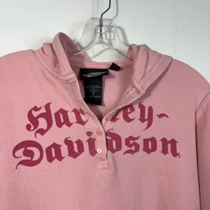 Vintage Y2K Harley Davidson Pink Hooded Thermal Long Sleeve Henley Top Grunge L thumbnail 2