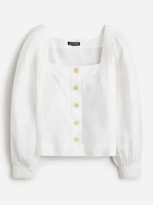 J. Crew linen top Squareneck button-up blouse puff long sleeve neutral thumbnail 1