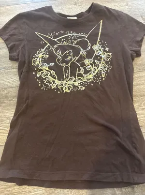 Vintage y2k Disney Tinker Bell Gold Foil Graphic Tee Brown Cotton Shirt Small thumbnail 1
