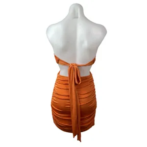 Tiger Mist Coral Strapless Tube Bandeau Cutout Tie Ruched Mini Bodycon Dress M thumbnail 3