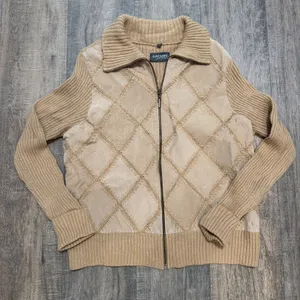 Rem‎ Garson Women's Tan Suede Leather Knit Zip Up Jacket Cardigan Festival Retro thumbnail 1