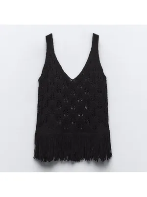 Zara NWT Black Crocheted Fringe Tank Top - Women thumbnail 4