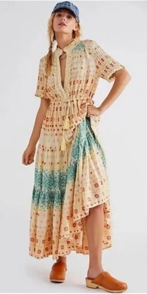 Free People Rare Feeling Cloud Combo Printed Tiered Floral Maxi Dress Size S thumbnail 1