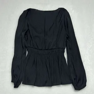 Anthropologie Pleione Twist Front Black Blouse SZ Medium Satin Long sleeve thumbnail 8