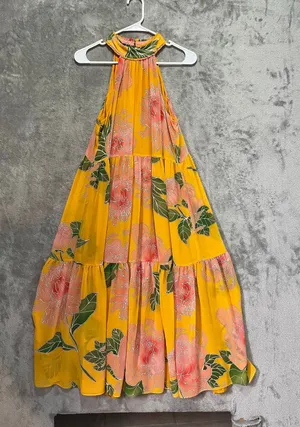 Trina Turk Yellow Floral Halter Maxi Dress Tiered Resort Boho Women’s Medium thumbnail 1