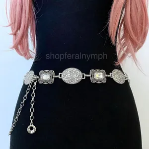Silver Y2K Crystal Concho Medallion Chain Belt, Fits 24 to 46 Inches, X7GA1316 thumbnail 3