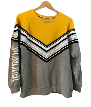 Victoria's Secret Pink Black Yellow Sparkly ‎ Striped Pullover Sweatshirt (S) thumbnail 1