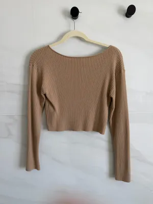 Ribbed Knit Cropped Long Sleeve Sweater Boatneck Camel Tan thumbnail 3