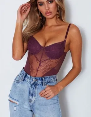 White Fox Boutique Plum Lace Sheer Bodysuit thumbnail 1