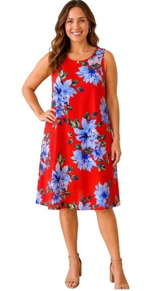 Jessica Howard Shift Dress L/XL Red Floral Sleeveless Chiffon Lightweight Beach thumbnail 1