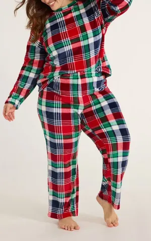 Joyspun Womens Pajama Set 3X Navy Water Red Green Plaid Plush 2 Piece Cozy PJs thumbnail 1