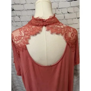 Haute Hippie coral-colored short-sleeve top featuring a sheer lace yoke XL thumbnail 6