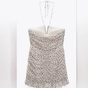 Zara Printed Cream Metallic Ruched Halter Mini Dress XS thumbnail 2