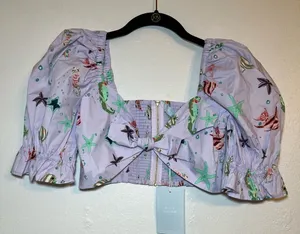 Hill House The Isabella Sea Creatures Lavender Puff Sleeve Crop Top size small thumbnail 1