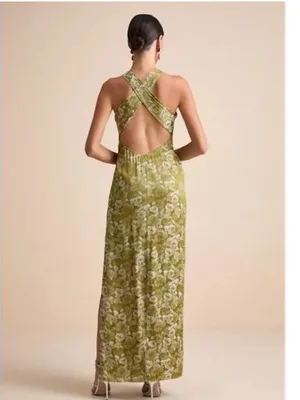 Lulus Lamila Chartreuse Floral Satin Column Maxi Dress Size Large thumbnail 3