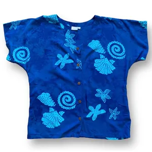 Blue Batik Tropical Shell Starfish Rayon Button Front Top Coastal Nautical Beach thumbnail 1