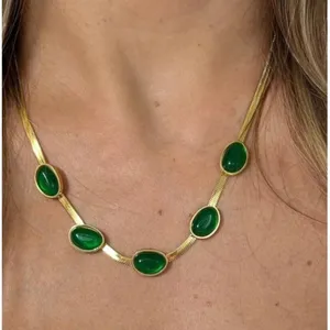 18K Gold Plated Emerald green snake Necklace SET Stainless Steel womens jewelry thumbnail 5