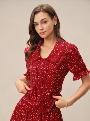 Rihoas Red Puffed Sleeve Polka Dot Collar Blouse thumbnail 2