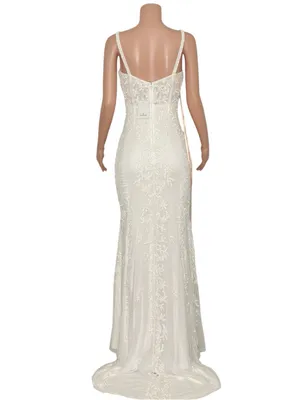 LULUS Luxe Bridal Momentous Love Beaded Bustier Mesh Mermaid Maxi Dress,White,XS thumbnail 6