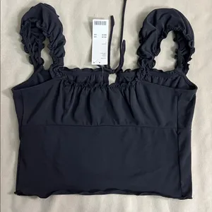 Urban Outfitters Black Ruffle Strap Tie-Front Crop Top Size L NWT thumbnail 6