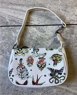 Ed Hardy NWOT White Tattoo Flash Baguette Shoulder Bag Y2K Tiger Skull Graphic thumbnail 1
