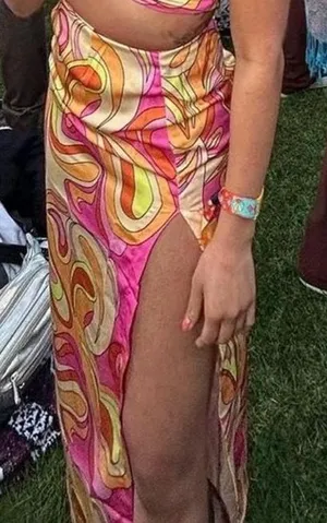 Meshki Frankie Two Tone Skirt Pink & Yellow Swirl Psychedelic Print Medium thumbnail 1
