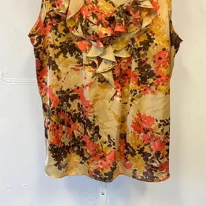 Y2K Anne Klein Floral Ruffle V-Neck Sleeveless Blouse Orange Yellow Womens Large thumbnail 4