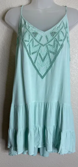 Umgee Womens Medium Top Tunic Mint Green Crochet Lace‎ Tiered Boho Festival thumbnail 1
