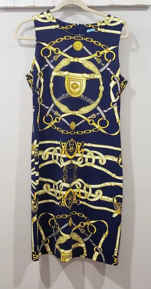 J McLaughlin Dress M Navy Gold Chain Print Preppy thumbnail 1