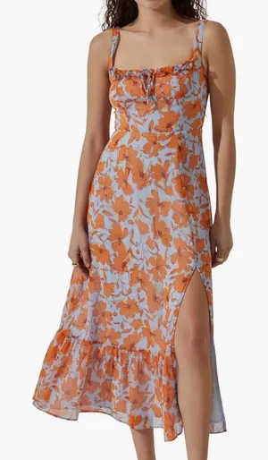 Astr The Label Medium Orange Blue Floral Square Neck Midi Dress thumbnail 1