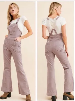 Free People X Lee Vintage Factory Flare Corduroy Overalls mauve Sz Medium thumbnail 3