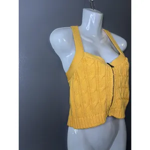 Maeve Anthropologie Sweater Vest Womens Large Yellow Cable Knit Zip Cropped thumbnail 2