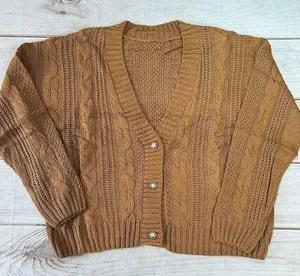 Brown Cable Knit Chunky V Neck Cardigan with 3 Decorative Pearl Buttons 2XL thumbnail 1