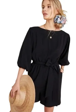 Anthropologie Francesca Balloon Sleeve Romper Elastic Waist Womens Small Black thumbnail 1