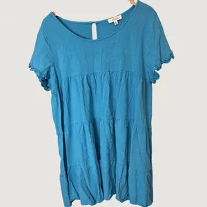 Umgee Plus Blue Linen Blend Tiered Babydoll Mini Dress Ruffle Sleeve 1XL WC2355 thumbnail 2