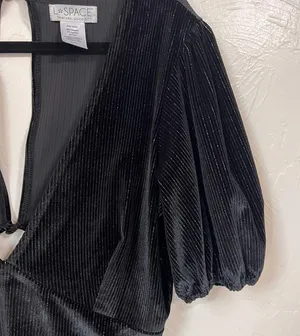 L*Space velvet metallic stripes black puff sleeve mini dress size Large thumbnail 4