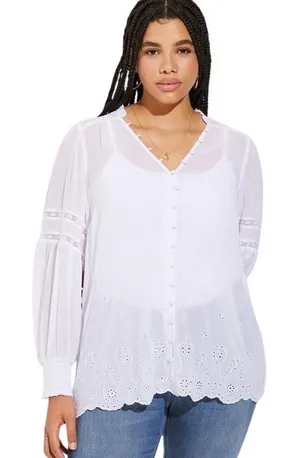 Torrid Plus Size 1X Top Chiffon Ruffle White Eyelet‎ Embroidered Bishop 1289 thumbnail 1