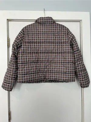 Time and Tru Brown White Black Check Plaid Cropped Puffer Jacket large thumbnail 7