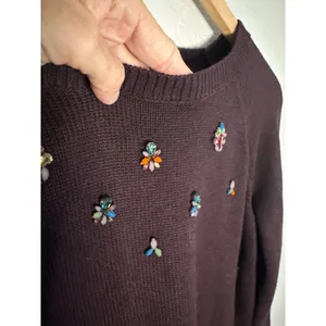 Loft Bejeweled Rhinestone Burgundy Plum Sweater Glam Preppy Twee Medium thumbnail 5