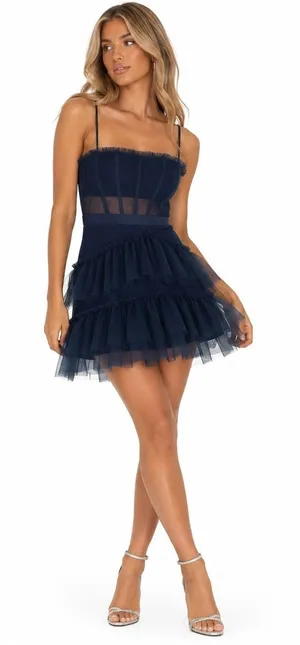 Next Up Corset Tiered Ruffle Mesh Mini Dress Navy Blue Party Cocktail Size 7/8 thumbnail 1