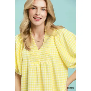 Umgee Smocked Yoke Puff Sleeve Gingham Blouse - Large - Lemon thumbnail 5
