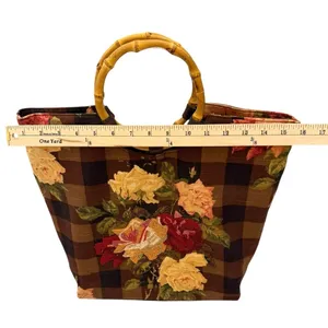 Cynthia Hart Los Angeles Floral Plaid Tote Bag Purse Bamboo Handles Gold Brown thumbnail 7