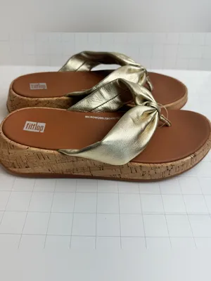 NWT FitFlop F-Mode Metallic Gold Leather Cork Platform Sandals thumbnail 8
