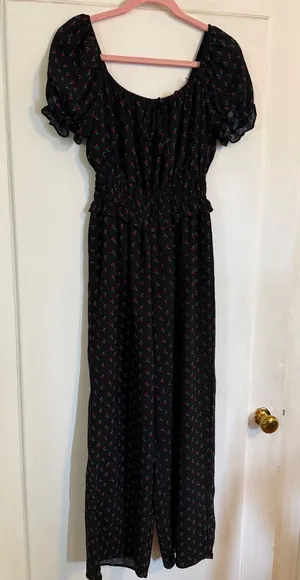 Liberty Love Womens Black‎ Cherry Print Smocked Waist Wide Leg Jumpsuit Small thumbnail 1