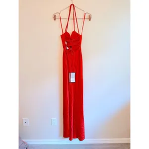 Seni & Cade Maxi Dress Women Small Tomato Red Satin Lace Up Back Gown 24S7EX3ATP thumbnail 4