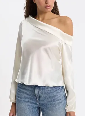 Express Womens Ivory Satin Off The Shoulder Asymmetric Long Sleeve Top NWT‎ M thumbnail 1